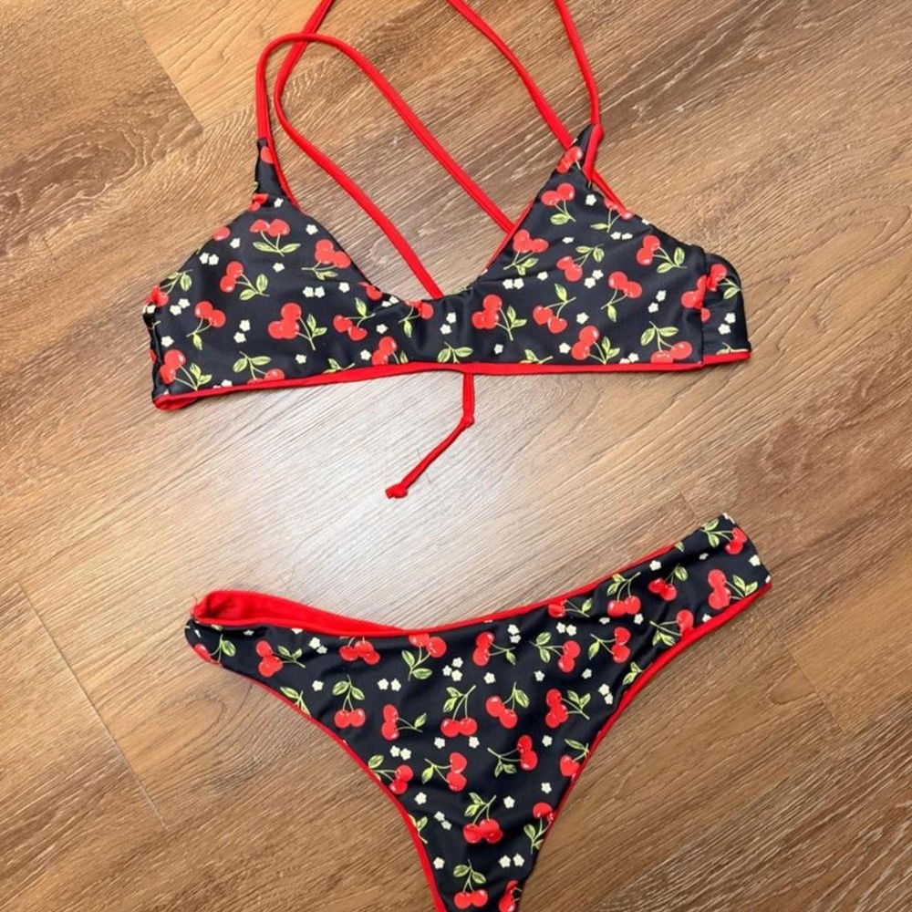 Black bikini with red cherries and green stems #bikini #cherries reversible - Picture 1 of 1